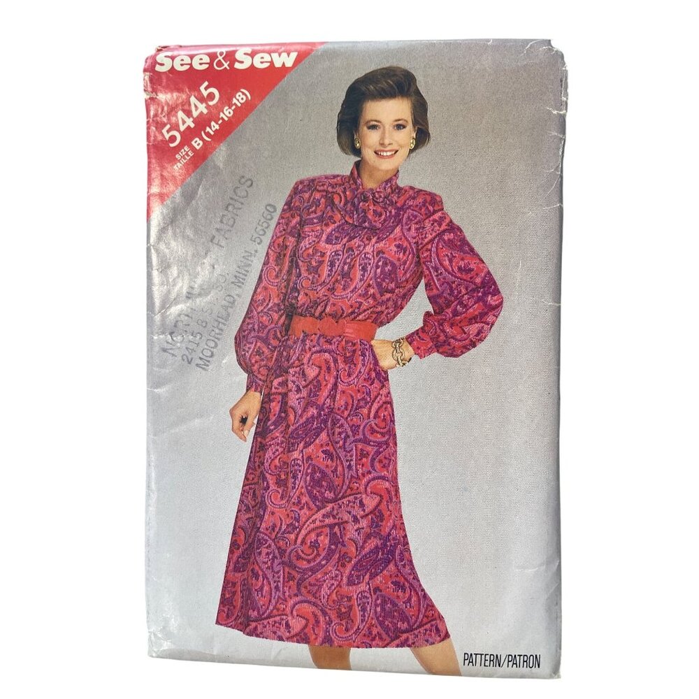 80s Butterick See & Sew Misses Dress Vintage Sewing Pattern Size B 14-16-18 Cut